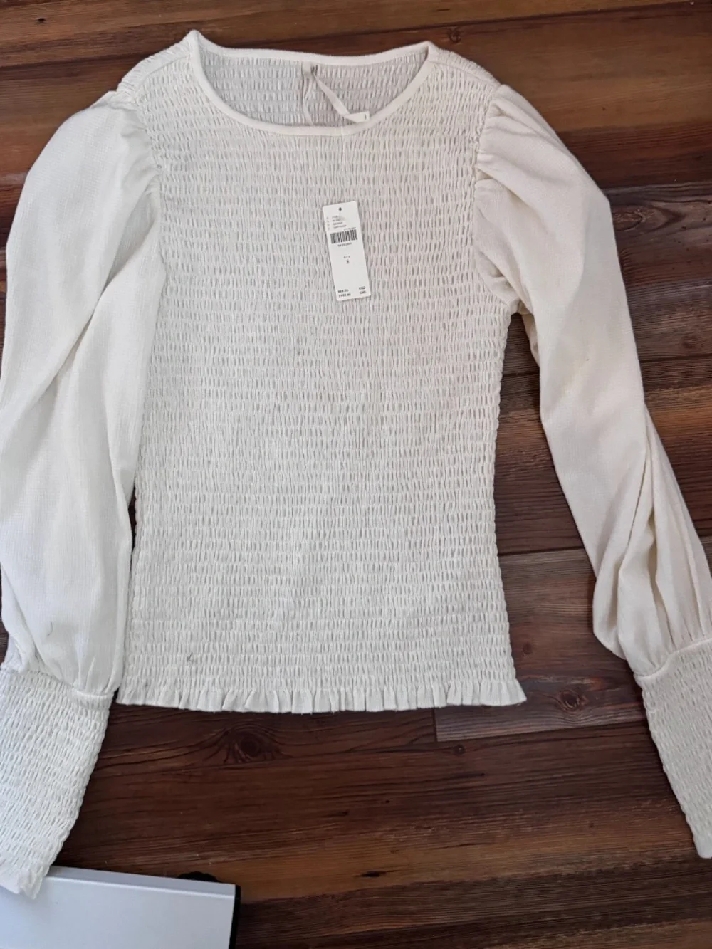 Anthropologie Smocked Long Sleeve Cream Ivory Puff Sleeve Stretch Top Small